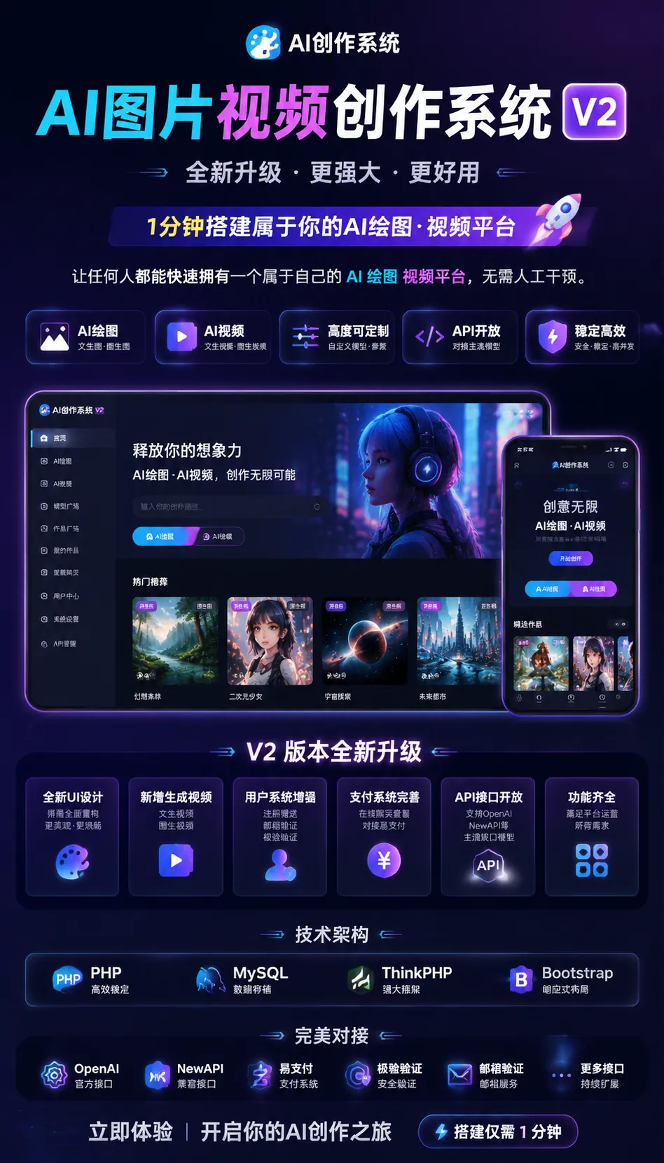 AI图片视频创作系统V2版本 可以对接 OpenAI NewAPI 等主流接口模型
